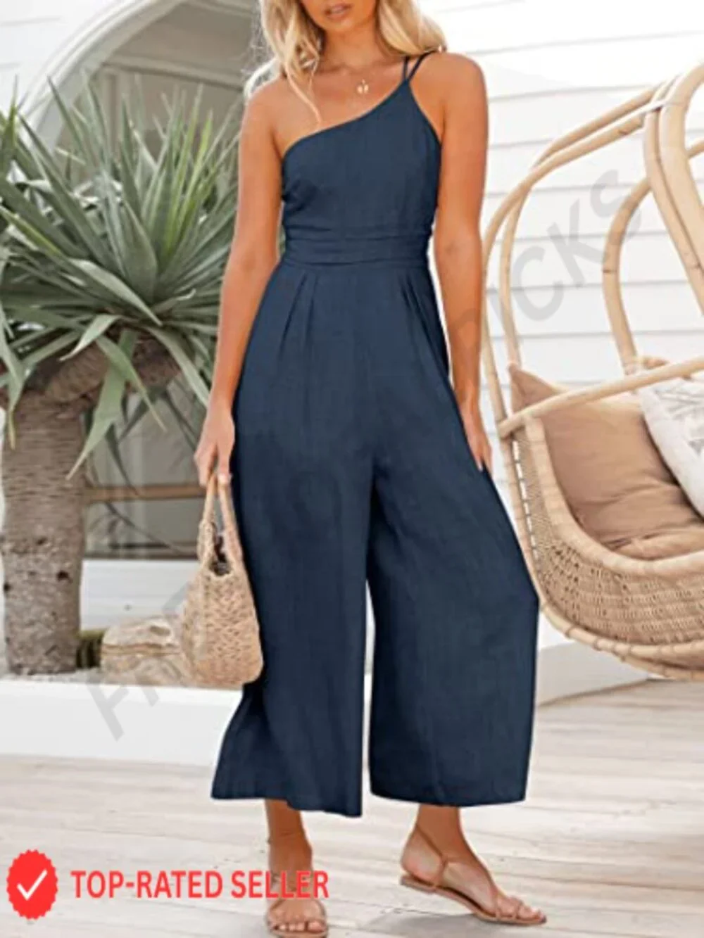 Linen One Shoulder High Waist Wide Leg Jumpsuit Sleeveless Dressy Casual Romper